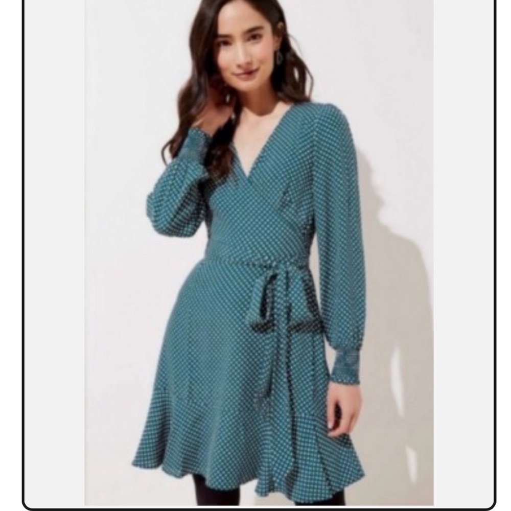 NWT LOFT Emerald Green Polka Dot Long Sleeve Dress